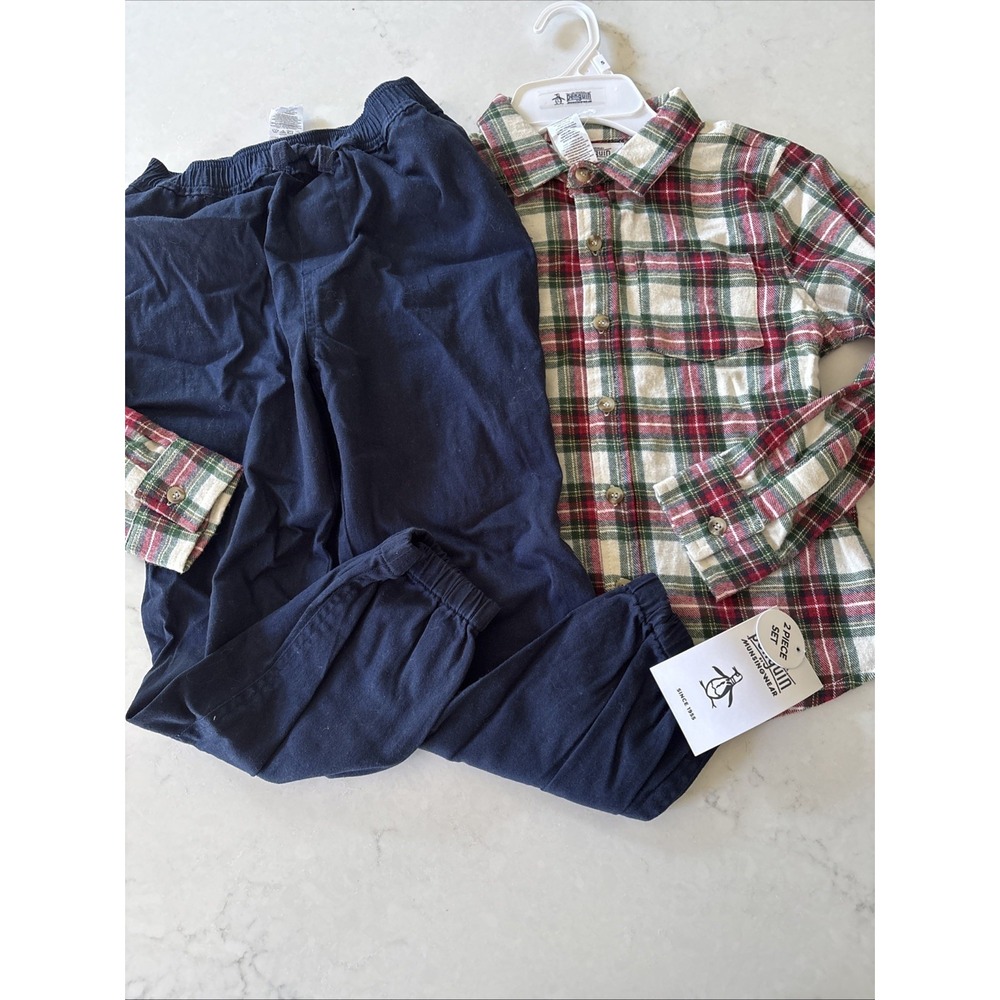 Original Penguin 5 Boys 2 Piece Set Red Plaid Flannel Shirt Pull On Chino Pants